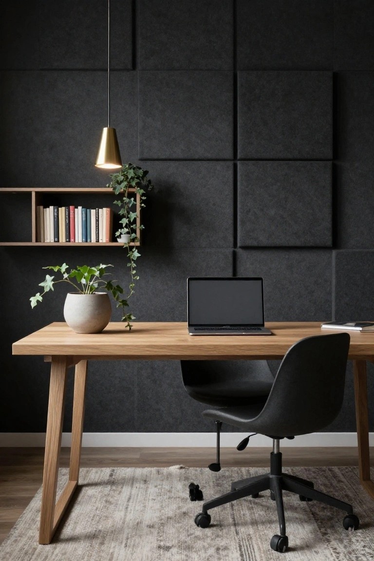 A minimalist home office with light wooden desk holding a laptop and potted plant, black swivel chair, floating oak shelf with books and ivy, gold cone pendant lamp, and dark square fabric panels on the wall.