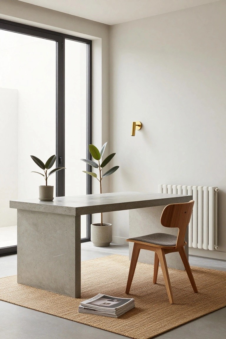 Minimalist home office with light gray concrete desk, wooden chair with gray seat, two potted ficus plants, white column radiator, gold wall sconce, seagrass rug, stack of newspapers on floor, and large black-framed window.