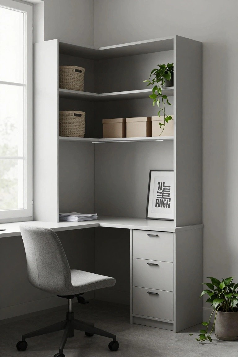 Gray corner desk unit with open shelves holding baskets and boxes, lower drawers, a gray fabric office chair on wheels, plants, papers on the desk surface, and a window nearby in a light gray room.