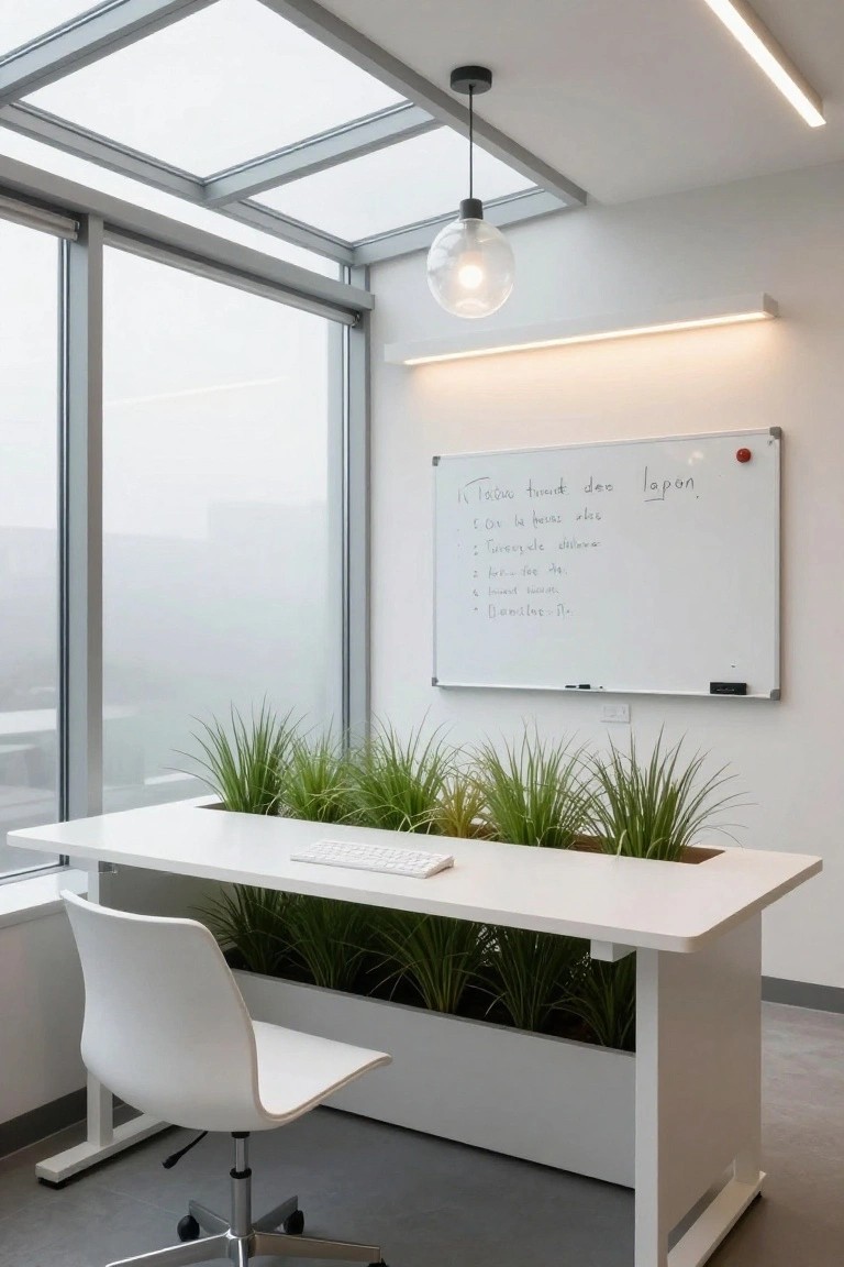 White minimalist office desk with integrated rectangular planter filled with tall grasses, white ergonomic chair, wireless keyboard, large frosted windows, pendant light, and whiteboard with French writing on a light gray wall.