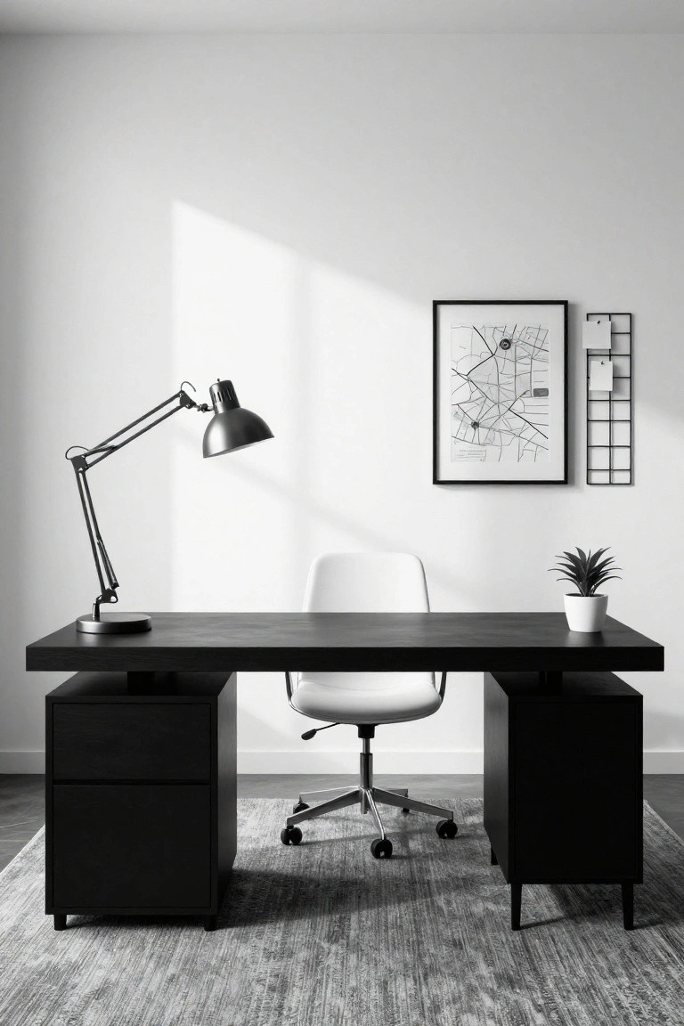 Black wooden double pedestal desk with integrated drawer storage on both sides, white swivel chair, adjustable black desk lamp, potted plant, and wall art in a white-walled room with gray rug.