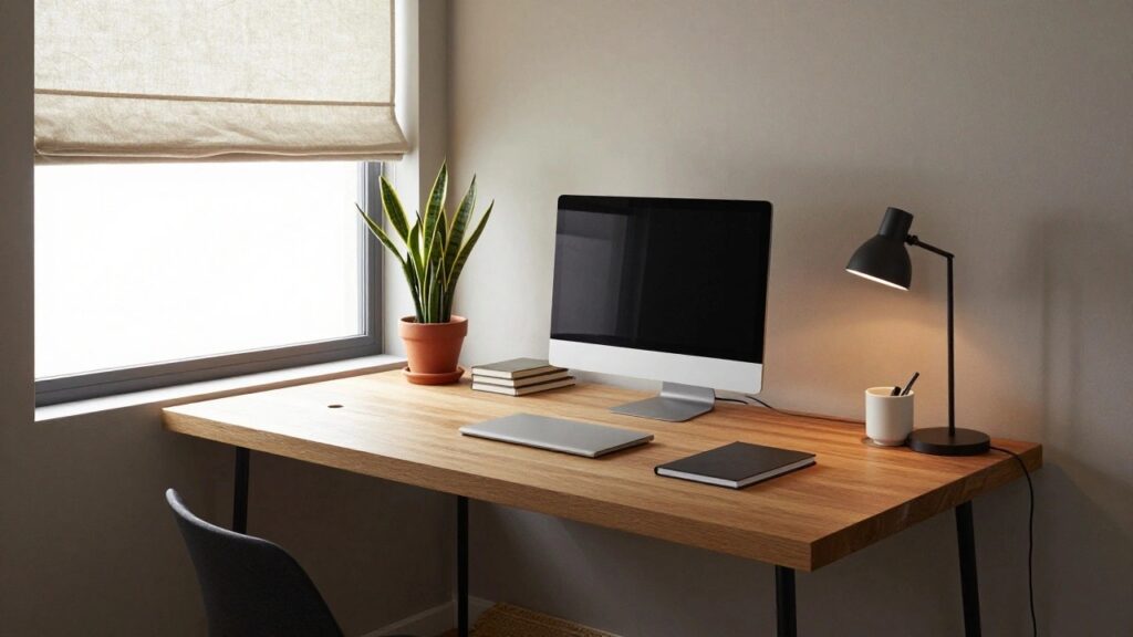 A minimalist home office corner with a light oak desk on black metal legs, topped with an iMac monitor, white keyboard, desk lamp, notebooks, and a snake plant in a terracotta pot, next to a window and beige rug.
