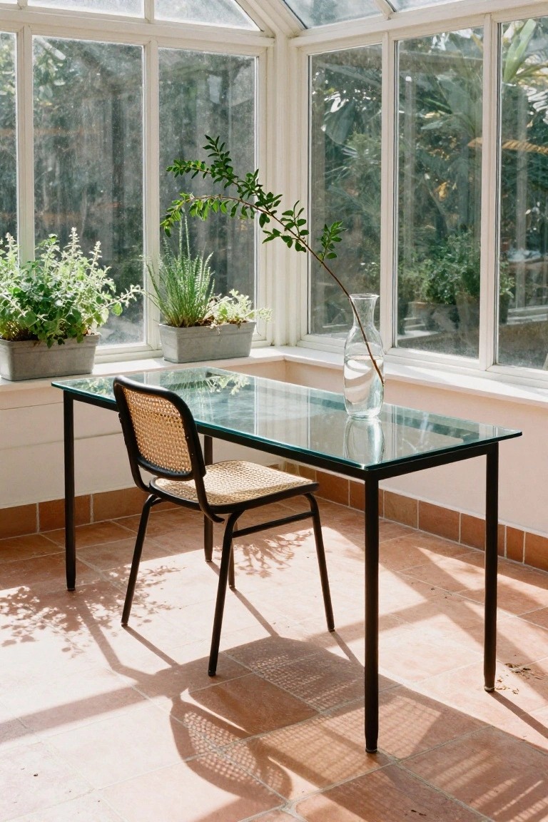 Glass-topped metal desk with rattan chair in a bright conservatory room featuring potted herbs and succulents on windowsills, a tall vase with branches on the desk, and large glass walls overlooking greenery on a terracotta tile floor.
