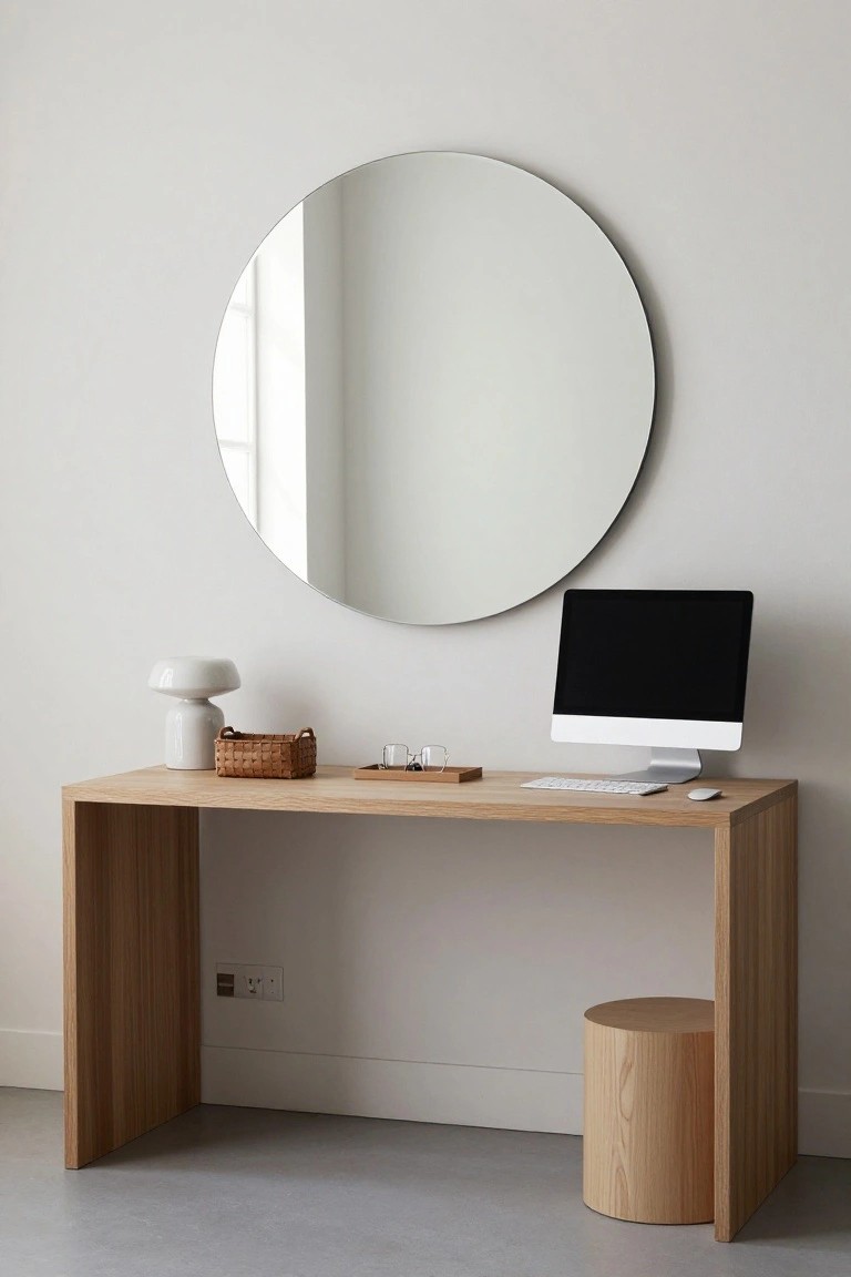 Light oak desk with black Apple monitor, white keyboard, mouse, white mushroom lamp, woven basket, and wooden tray holding glasses, positioned under a large round mirror on a white wall, with a wooden stool nearby on a concrete floor.