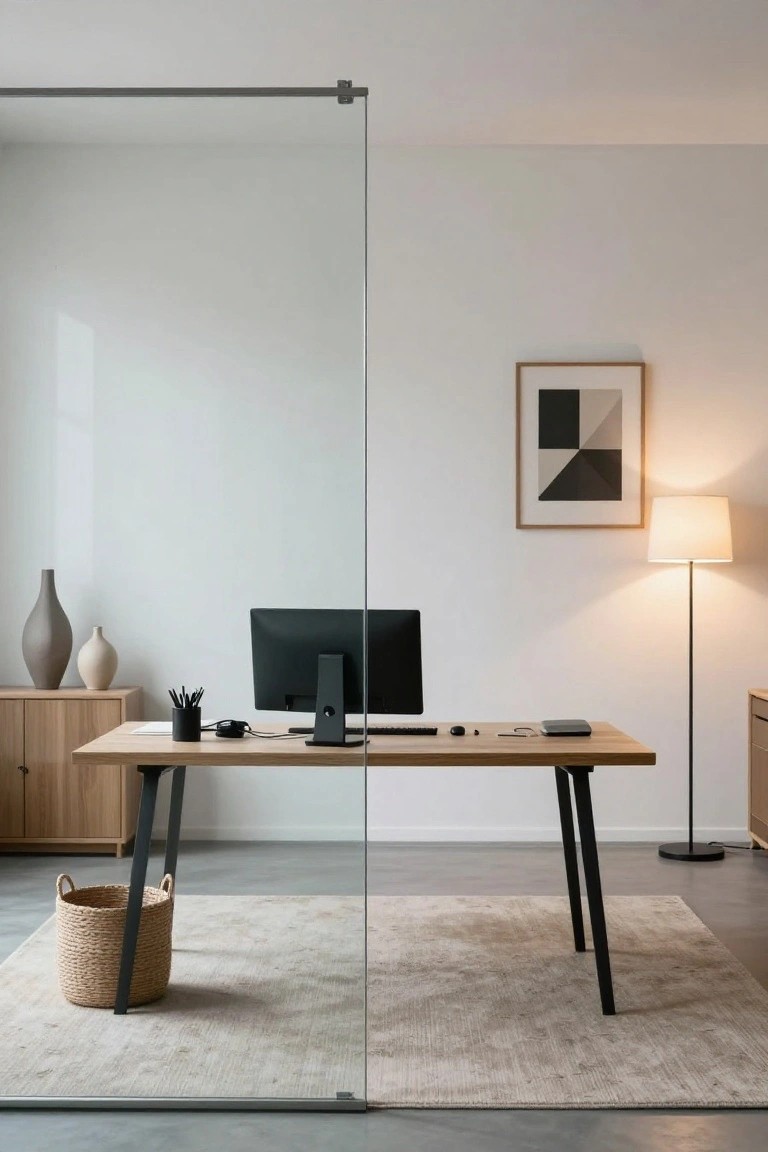A minimalist office interior featuring a light wooden desk with black metal legs, a computer monitor, desk accessories, a floor lamp, and a glass partition wall.