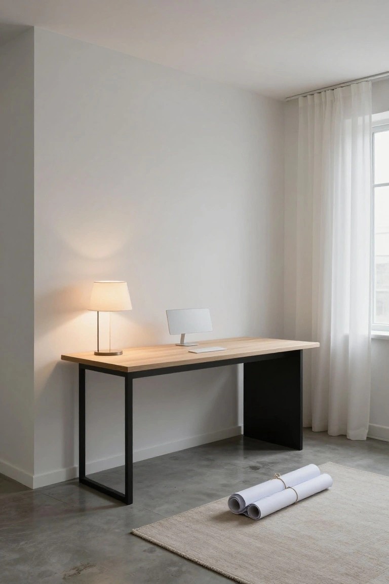 A minimalist home office featuring a light wood desk with black metal U-legs, a table lamp, small white monitor, sheer curtains on a window, concrete floor with beige rug, and two rolled white papers nearby.