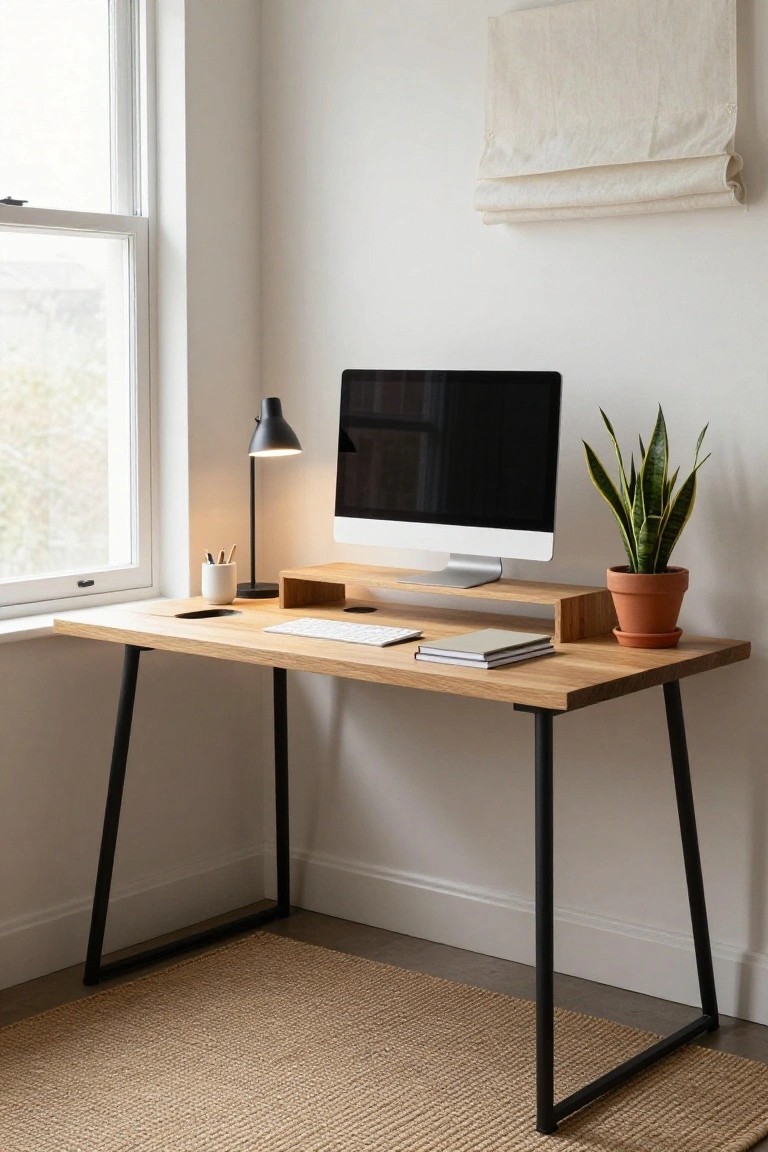 A minimalist home office corner with a light oak desk on black metal legs, topped with an iMac monitor, white keyboard, desk lamp, notebooks, and a snake plant in a terracotta pot, next to a window and beige rug.