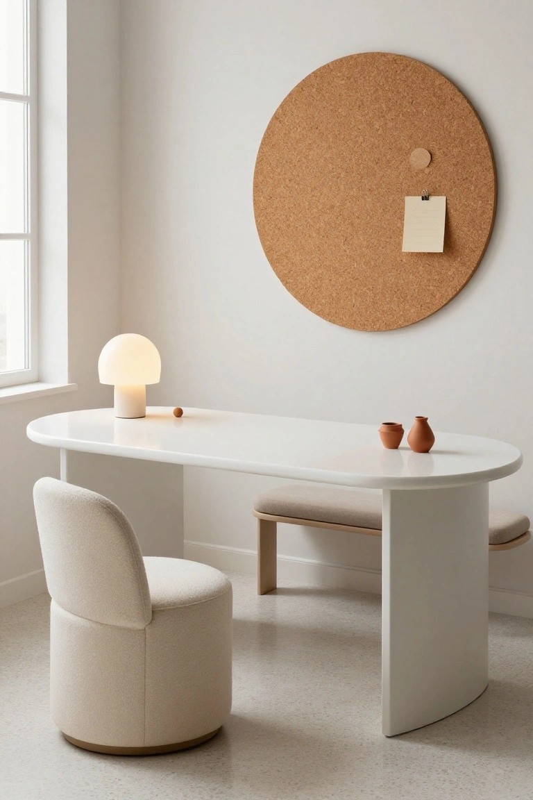 A minimalist home office featuring a white oval desk with small terracotta pots, a lit mushroom-shaped lamp, a cream pouf chair, a cushioned footstool, and a large round corkboard on the wall.