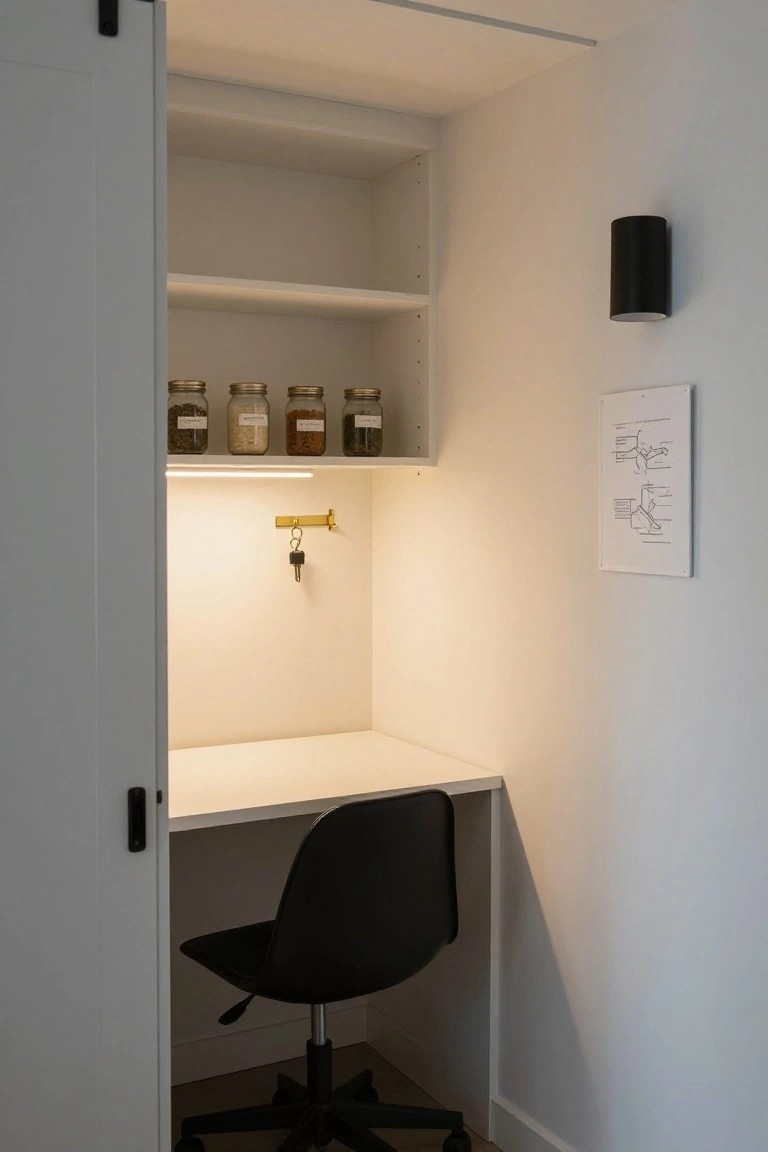 Open white closet with upper shelves holding labeled glass jars of spices and powders, under-shelf lighting, brass key hook with keys, lower white desk area with black office chair, black wall light fixture, and white walls.