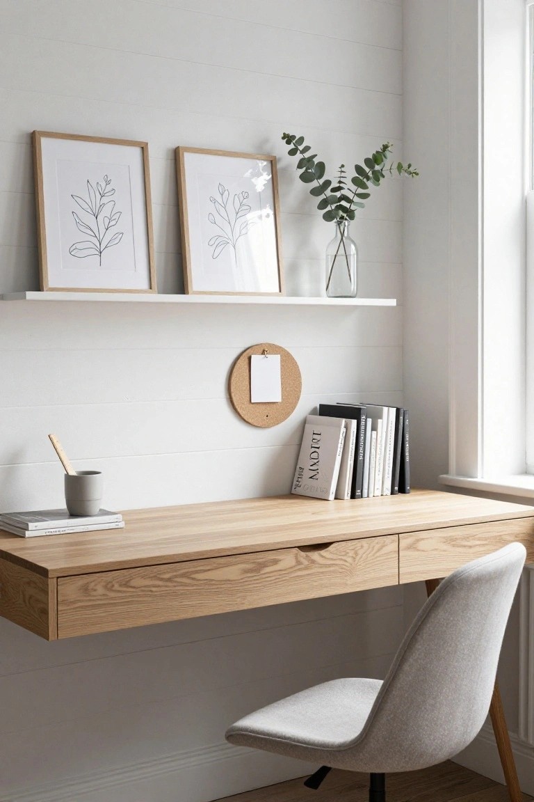 Minimalist white corner office with floating oak desk, grey fabric chair on wood legs, wall shelf holding two framed line drawings of leaves, glass vase of eucalyptus, cork board, stack of books, open magazine and mug on desk.