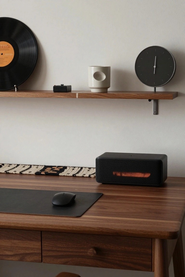 A walnut wood desk with black leather mouse pad, black wireless mouse, and rectangular black heater glowing orange, under an oak floating shelf holding vinyl record, white mug, small black box, and black wall clock, against white wall with woven rug on floor.