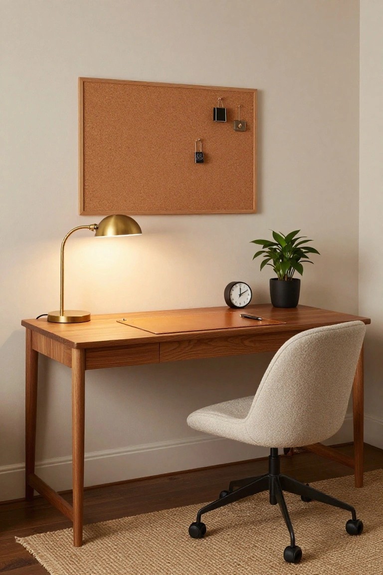 Minimalist home office corner with slim wooden desk, cream upholstered swivel chair on black base, brass gooseneck lamp, black clock, potted green plant, leather desk mat, and corkboard on wall.