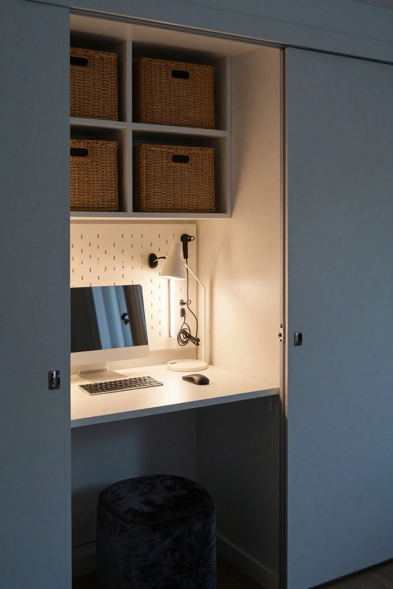 Open wardrobe with sliding gray doors revealing a compact white desk inside, topped with an iMac, keyboard, mouse, lamp on a pegboard wall, and wicker baskets on shelves above, plus a black velvet stool in front.