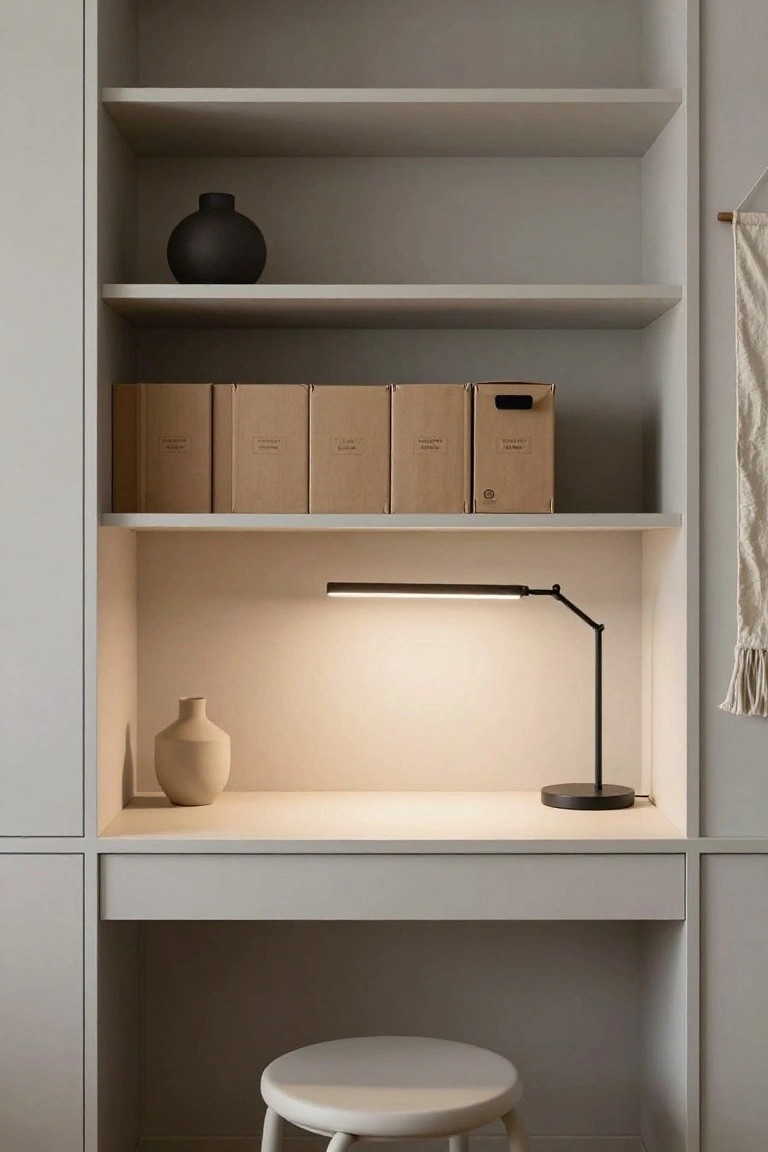 Built-in gray shelving unit with desk drawer, holding cardboard boxes, black vase on upper shelf, beige vase and black task lamp on desk surface, white stool below, beige wall hanging on side.
