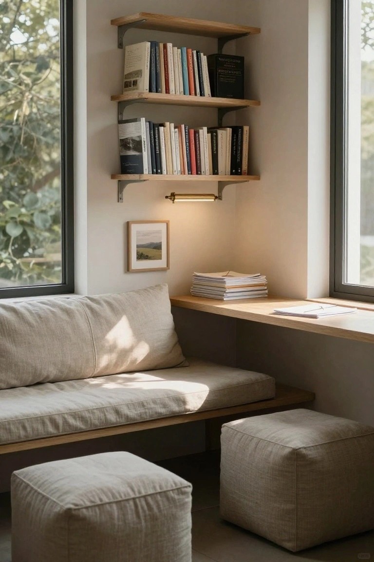 A minimalist indoor window nook with wooden bookshelves on the wall, a built-in beige linen-upholstered window seat bench, two matching poufs, a small framed landscape photo, a brass wall light, and stacks of papers on the wooden sill beside large windows overlooking trees.