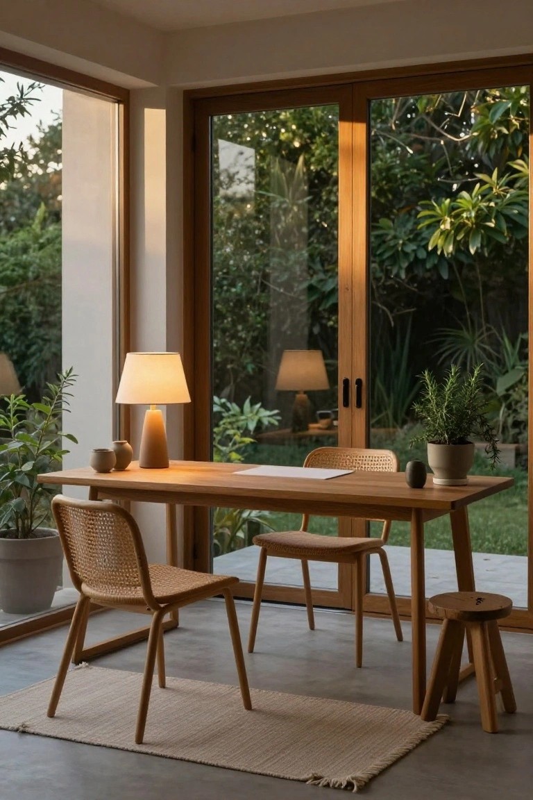A minimalist home office with a rectangular wooden desk, two rattan chairs, a wooden stool, ceramic lamps, vases, and potted plants next to large sliding glass doors to a garden.
