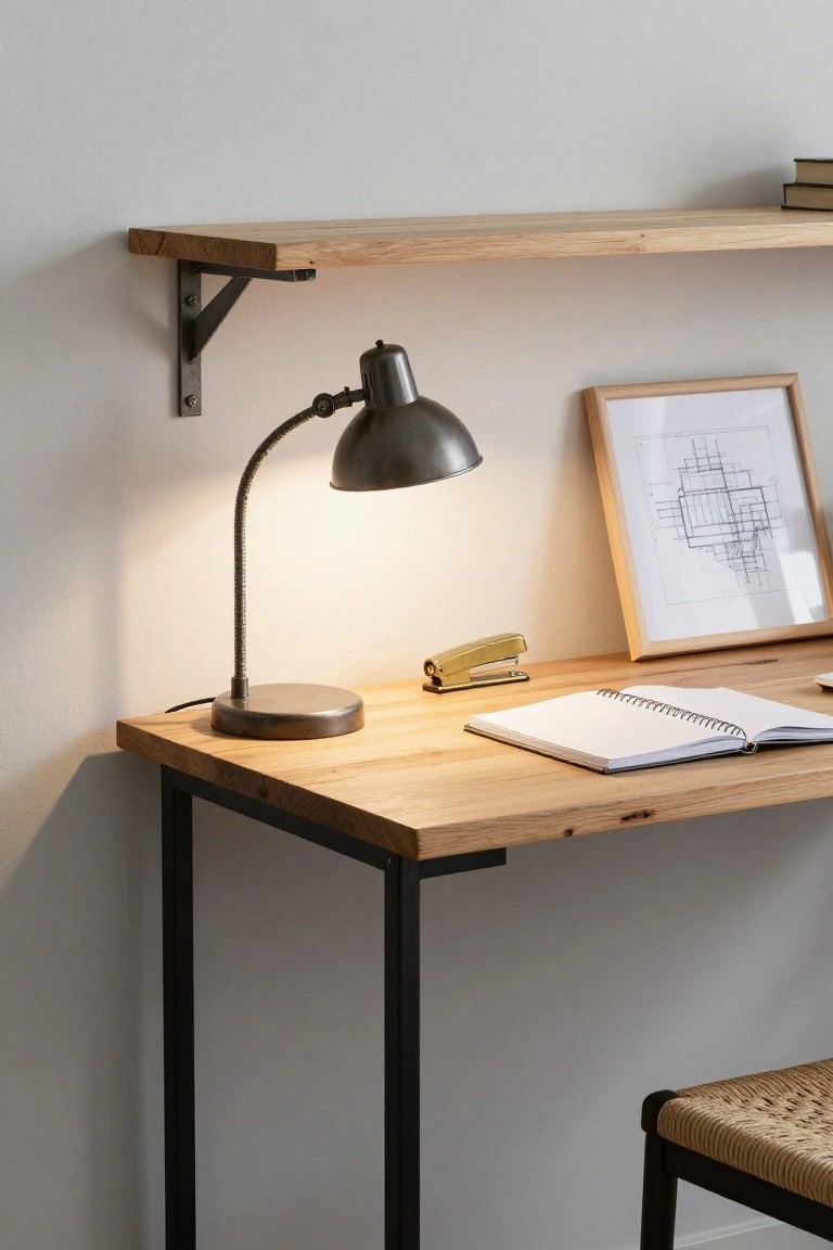 Light wooden desk with black metal legs against a white wall, featuring a gooseneck lamp, open notebook, gold stapler, wooden wall shelf with books, framed drawing, and rattan chair nearby.
