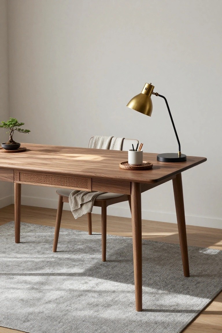 Wooden desk with rattan-fronted drawer, black plant saucer holding bonsai tree, white mug with pencils on wooden tray, gold desk lamp, and upholstered chair with draped linen on beige rug in light room.