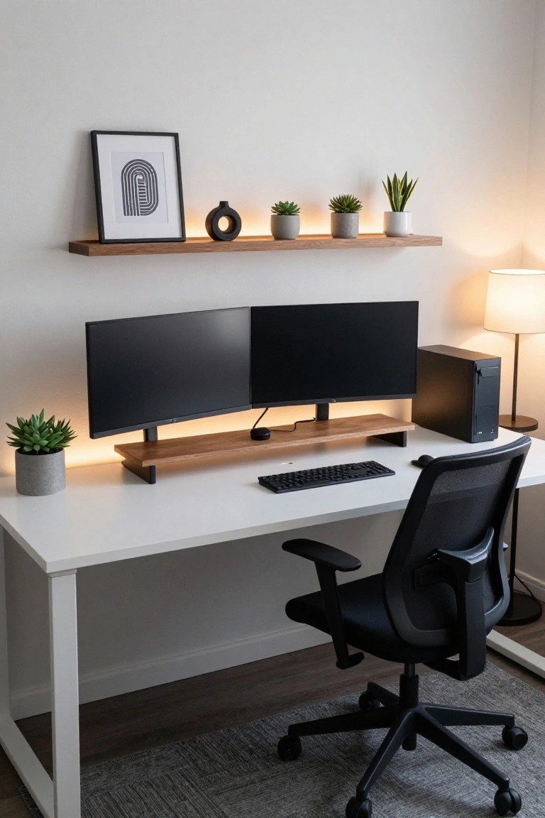 Minimalist home office featuring dual black monitors on a wooden stand atop a white desk, with a black PC tower, mesh office chair, potted plants on shelves and desk, and warm lamp lighting.