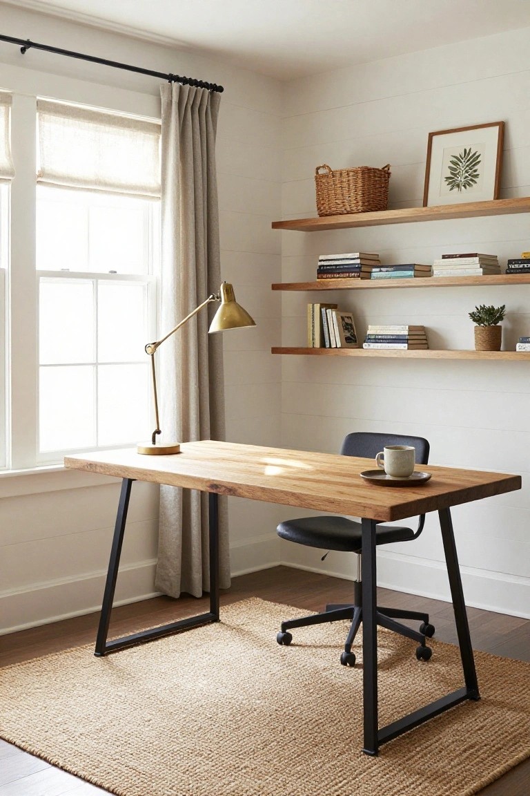 Home office featuring a rectangular wooden desk with black metal legs, a black office chair, floating wooden shelves holding books plants and a basket, a gold desk lamp, and a window with light curtains.