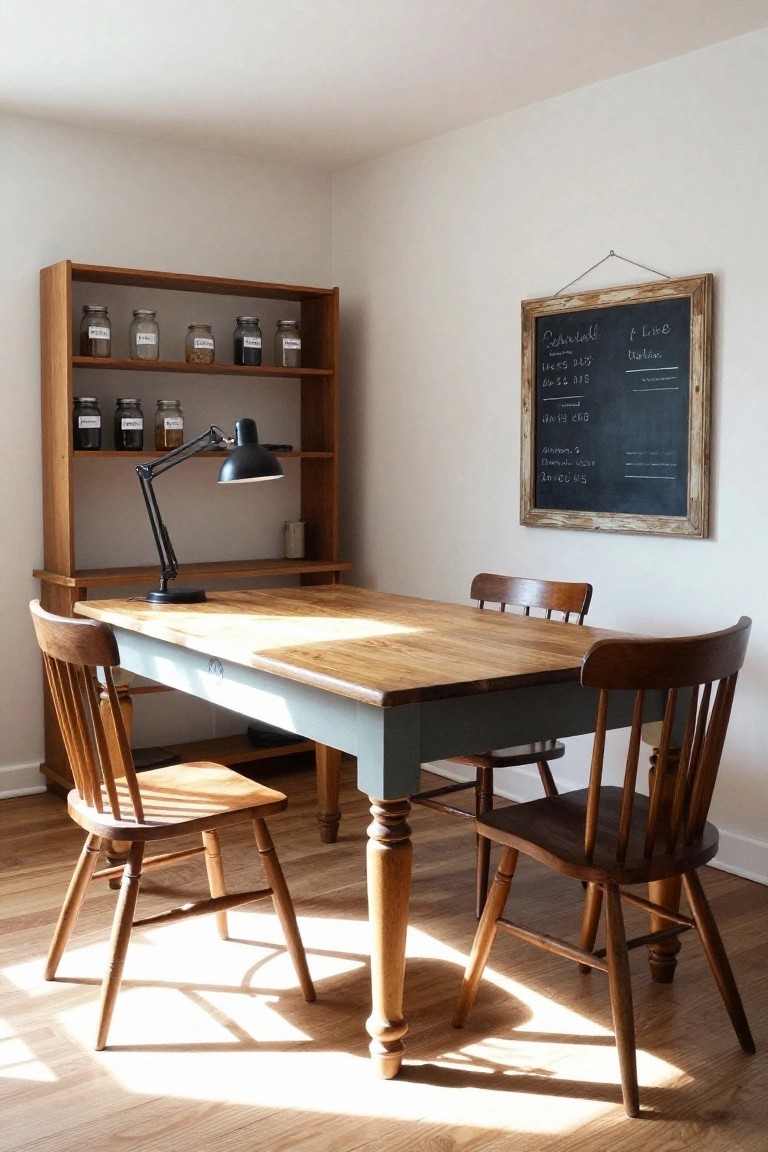 Home office corner with wooden open shelving unit stocked with labeled glass jars, wooden farmhouse table with four chairs, adjustable black desk lamp, and rustic framed chalkboard on white wall.