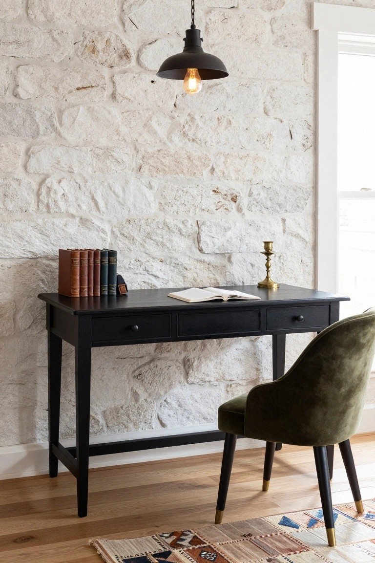 Black wooden desk with drawers against white stone wall, topped with leather-bound books, open book, and brass candlestick, green velvet chair beside it, pendant lamp overhead, patterned rug on hardwood floor.