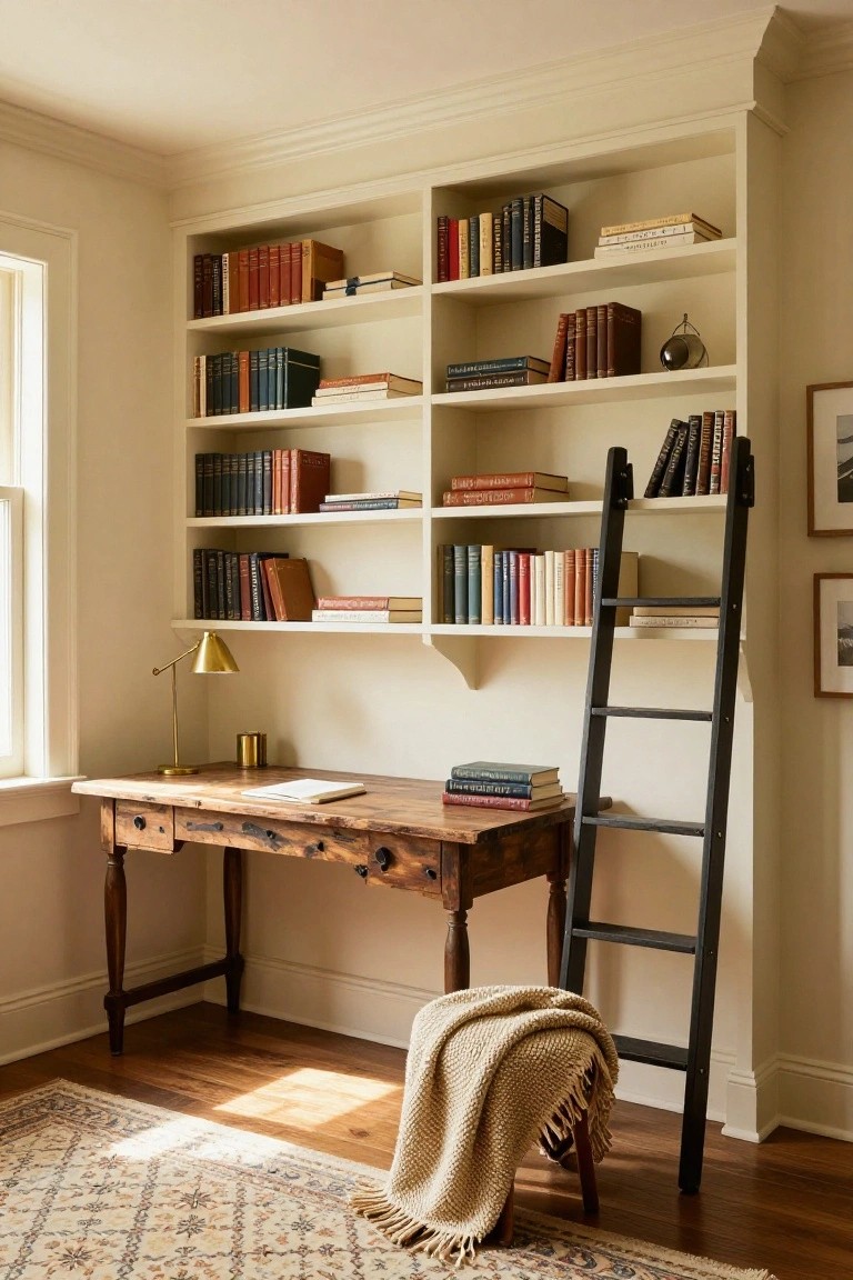 A cozy home office with a wooden desk, built-in bookshelves, and a black ladder.