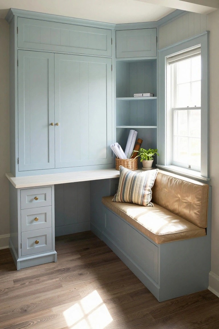 Pale blue painted built-in corner cabinetry in a home office, with tall doors, open shelves holding rolled papers, a book, potted plant, and wicker basket, a white desk with three drawers, and a beige leather banquette with striped pillow, beside a white-framed window on hardwood floors.