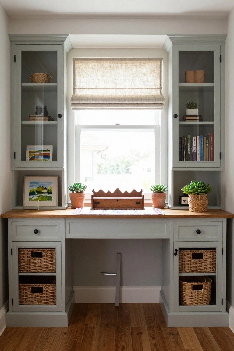Light gray built-in cabinets with glass doors flanking a wooden desk under a window, with plants, books, wicker baskets, and a woven roman shade in a room with oak flooring.