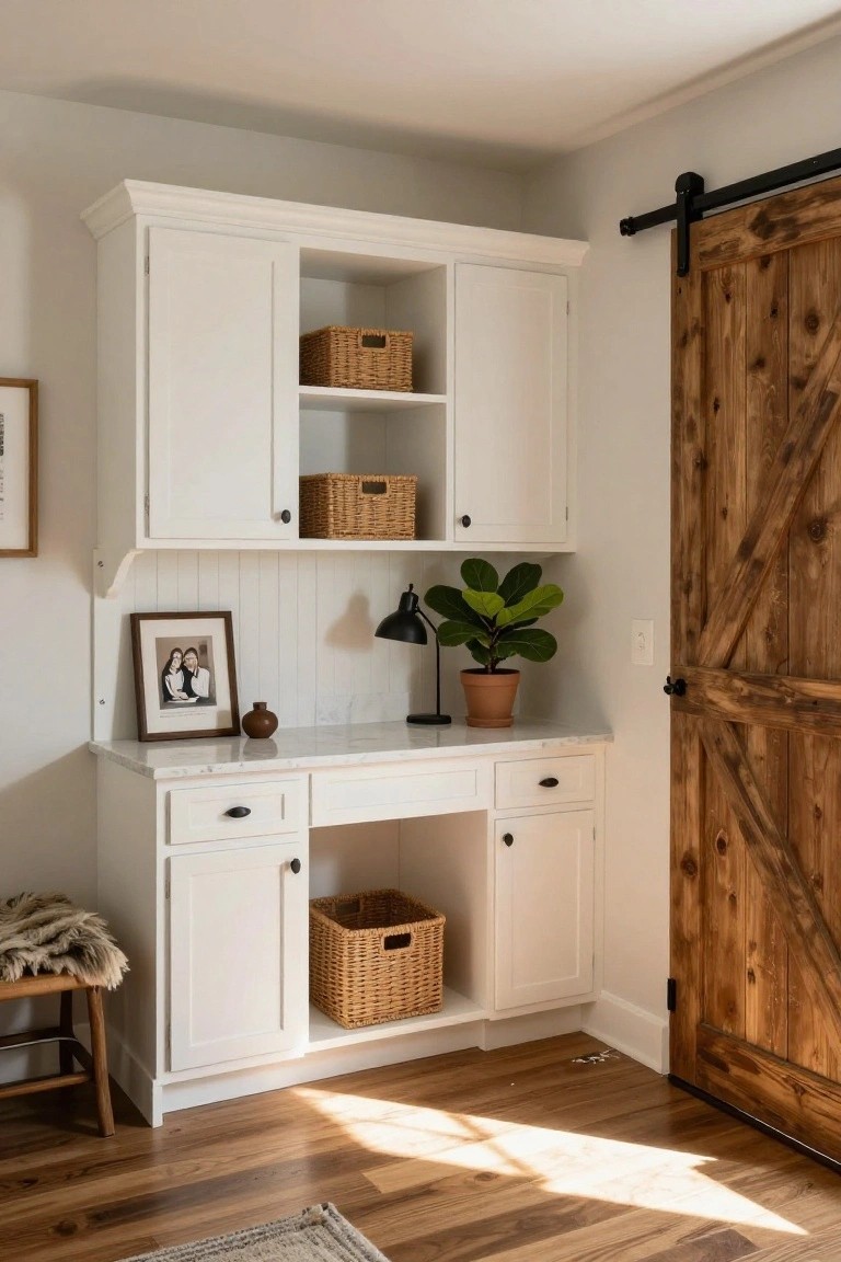 White shaker-style built-in cabinets in a room corner with open upper shelves holding wicker baskets, marble countertop desk with drawers and cabinet below, black desk lamp and potted plant on top, next to a wooden barn door on rails, hardwood floor and rug nearby.