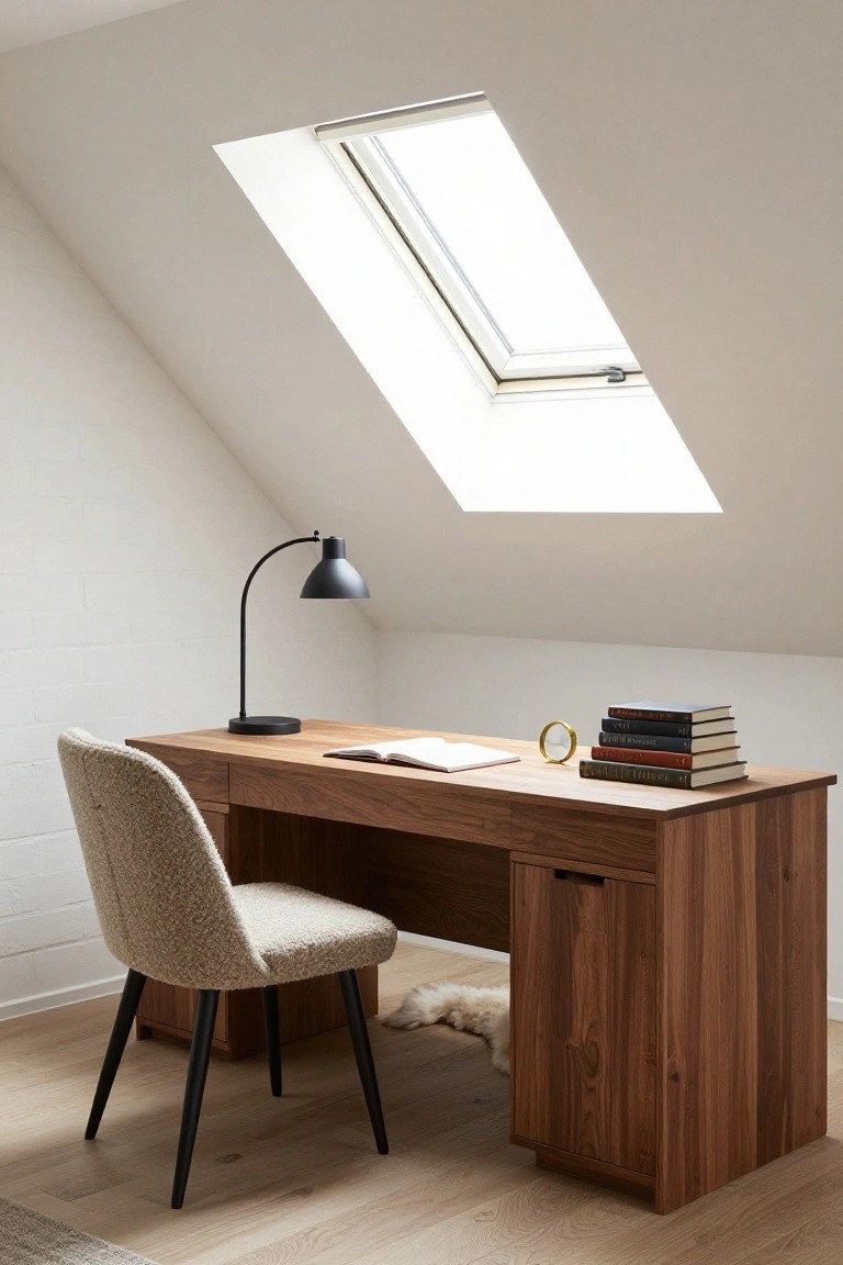 Attic home office featuring a rectangular walnut wood desk with drawers, open notebook and stack of books on top, black gooseneck lamp, gold clock, cream bouclé armchair, white sloped walls, skylight overhead, and light wood floor.