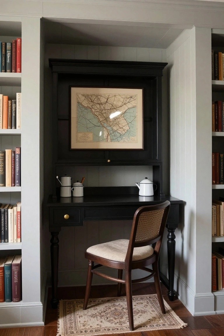 A black wood secretary desk recessed in a gray-paneled alcove flanked by open bookshelves filled with books, with a framed map of a city on the wall above, a rattan chair in front, and white enamelware on the desk surface.