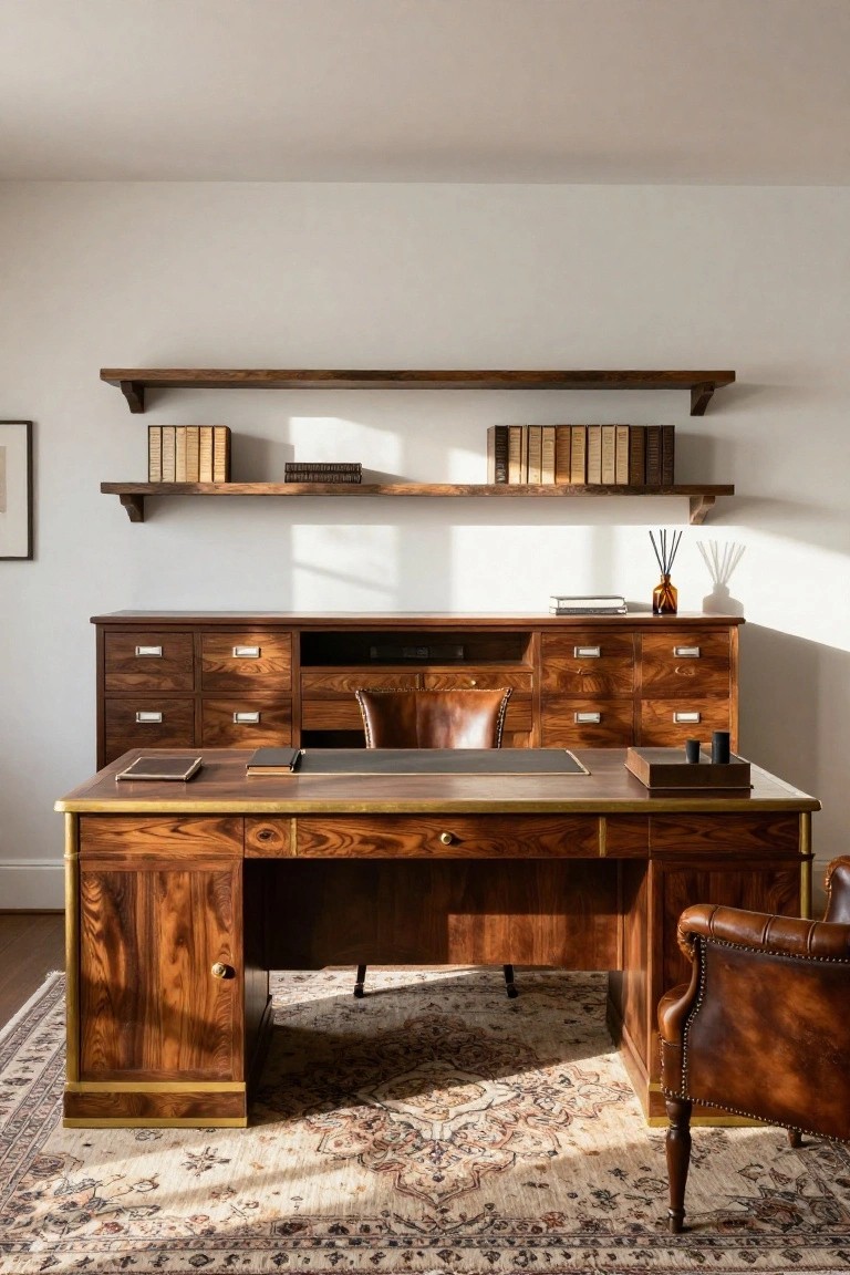 A home office with a large wooden desk trimmed in brass, backed by a matching wooden credenza with drawers and open shelving, wall-mounted wooden shelves with books, leather desk chair, tufted leather armchair, and patterned rug on wood floors.