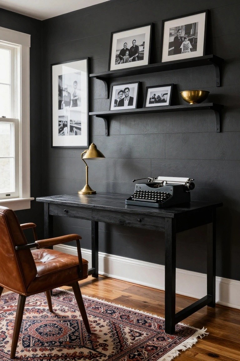 Home office with dark gray shiplap walls, black wooden desk topped by vintage typewriter and gold desk lamp, brown leather armchair, red and blue Persian rug on wood floor, floating black shelves holding framed black-and-white photos and gold bowl, next to white-framed window.