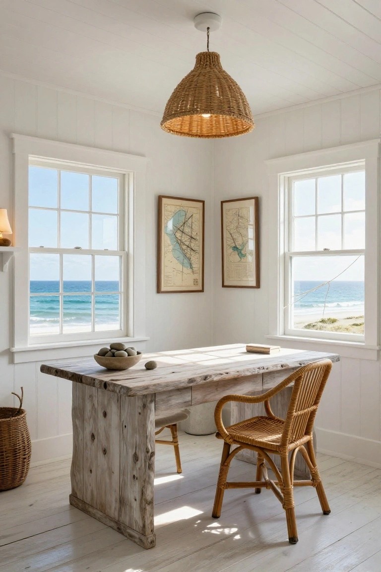 Corner office room with rectangular whitewashed driftwood desk, rattan armchair, woven pendant light overhead, white shiplap walls and floors, framed nautical maps, basket and pebbles on desk, large windows overlooking ocean and beach.