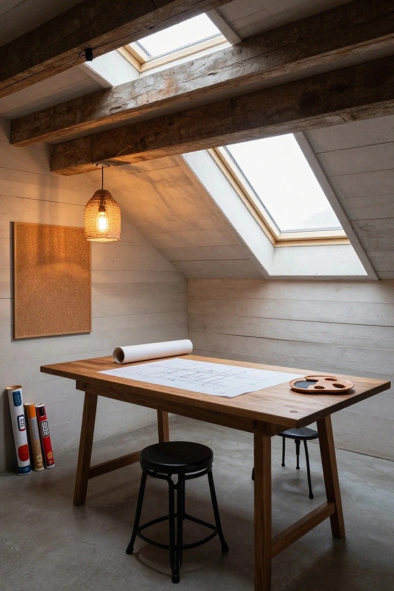 Attic home office with exposed wooden beams on white shiplap walls, two skylights, rattan pendant light, corkboard, wooden drafting table holding blueprints and paint palette, black stool, and colorful paint tubes nearby.