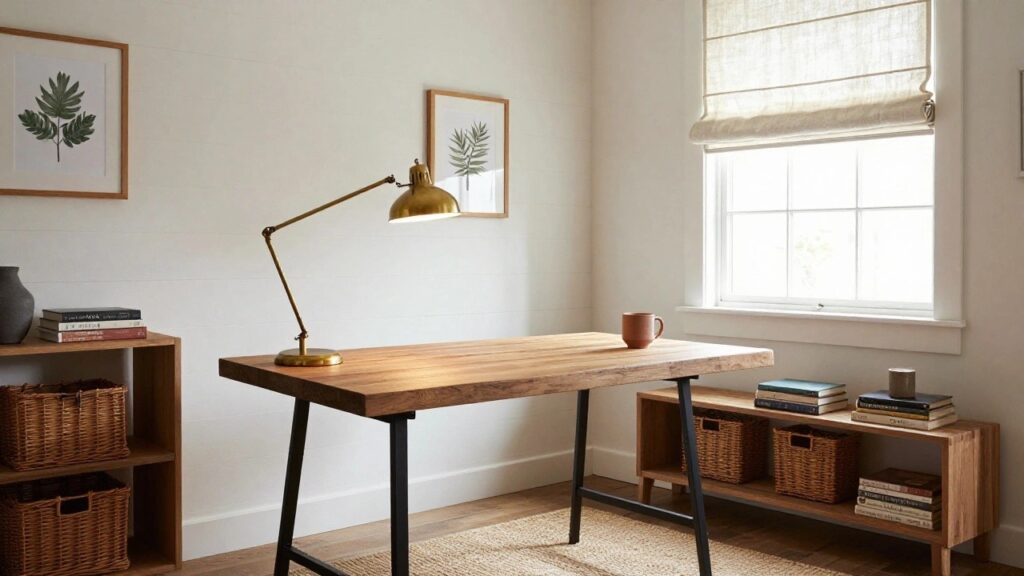 Home office featuring a rectangular wooden desk with black metal legs, a black office chair, floating wooden shelves holding books plants and a basket, a gold desk lamp, and a window with light curtains.