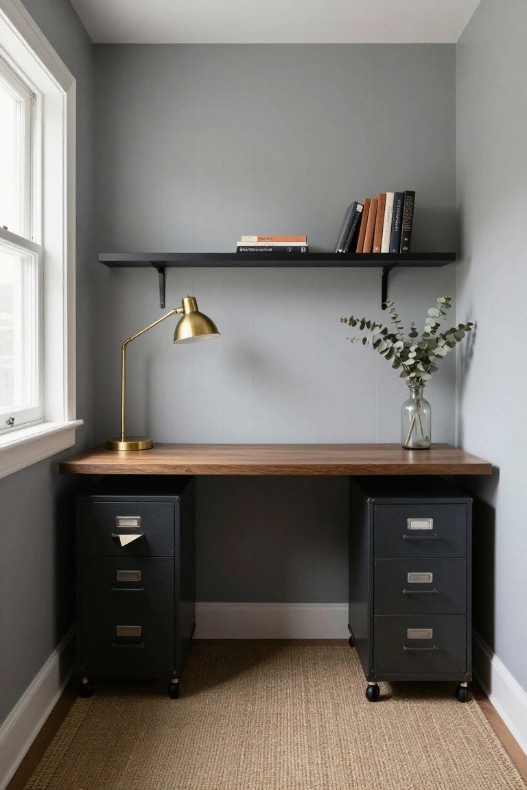 Small home office nook featuring a walnut desk top supported by two black metal four-drawer file cabinets on wheels, with a brass desk lamp, books on a black shelf above, dried eucalyptus in a glass vase, and light gray walls beside a window.