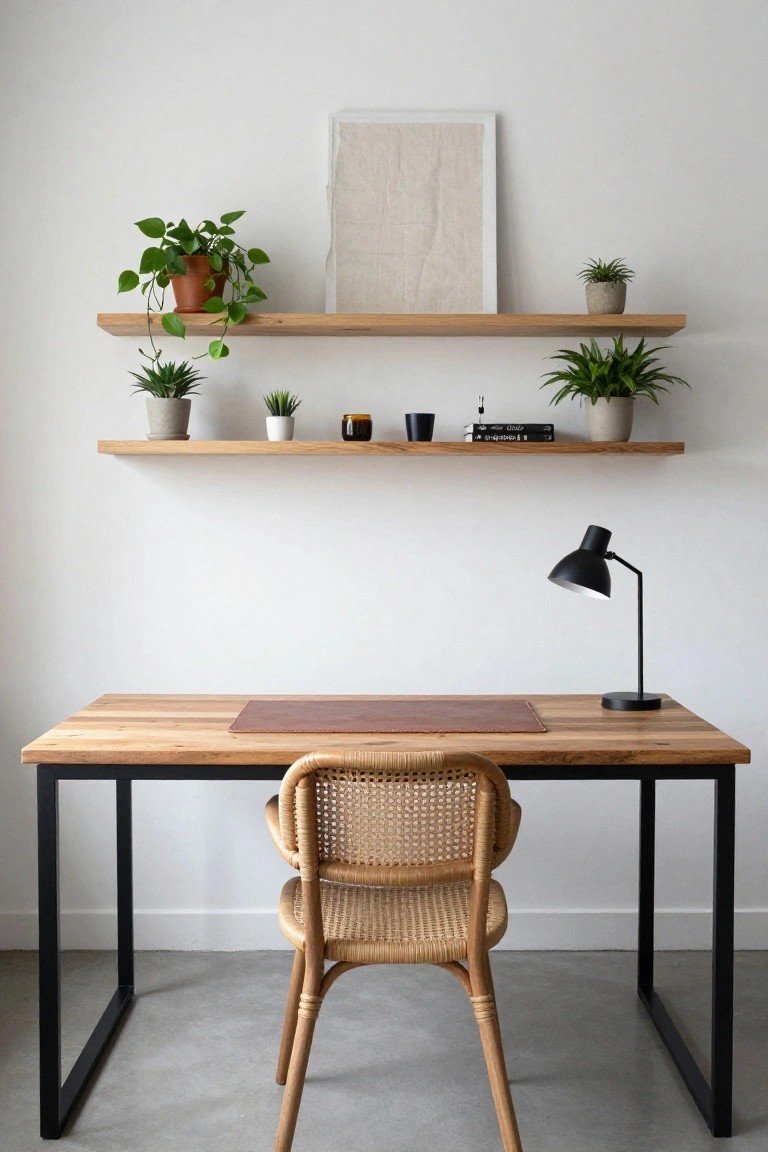 A home office featuring a wooden desk with leather blotter and black metal legs, rattan armchair, black desk lamp, and two floating oak shelves on a white wall displaying potted plants, glasses, and a book.