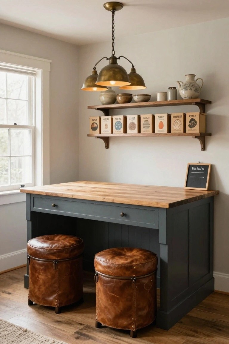 Gray painted kitchen island with light wood butcher block top and brass drawer pulls used as a desk, two brown leather pouf stools beside it, wooden wall shelves above holding labeled tins and pottery, small chalkboard nearby, in a light gray room with window.