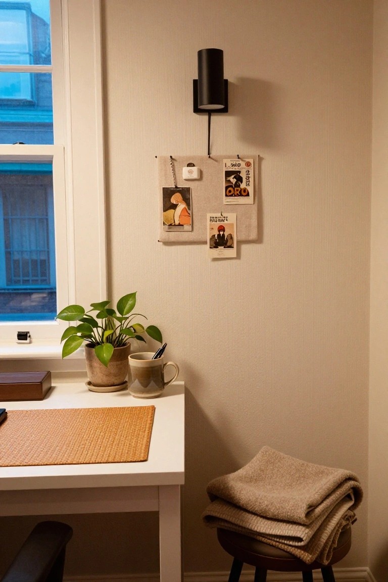 Home office corner with white desk on woven orange mat, potted plant and mug on windowsill, wall-mounted fabric bulletin board with pinned artwork and photos, black wall lamp, and wood stool beside desk stacked with folded beige blankets.