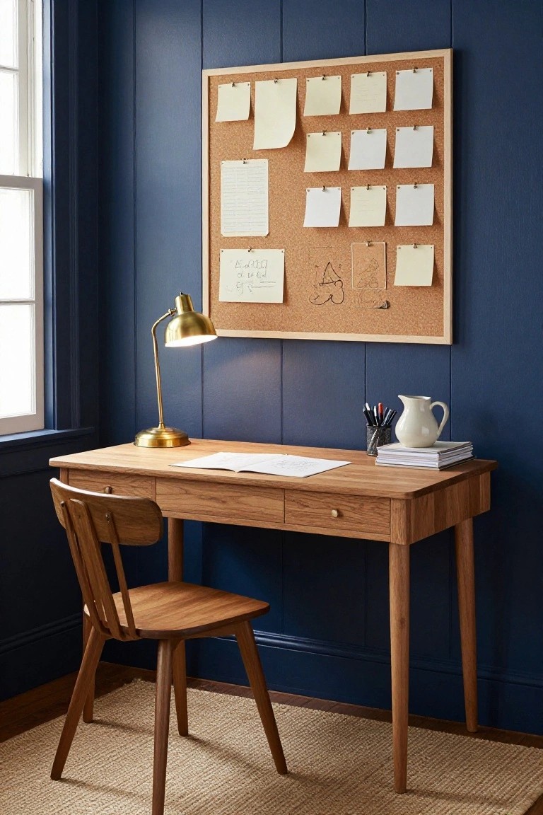 Home office with dark navy paneled walls, wooden desk and slat-back chair, cork bulletin board covered in notes and papers, brass desk lamp, white pitcher, and stacked notebooks on the desk.