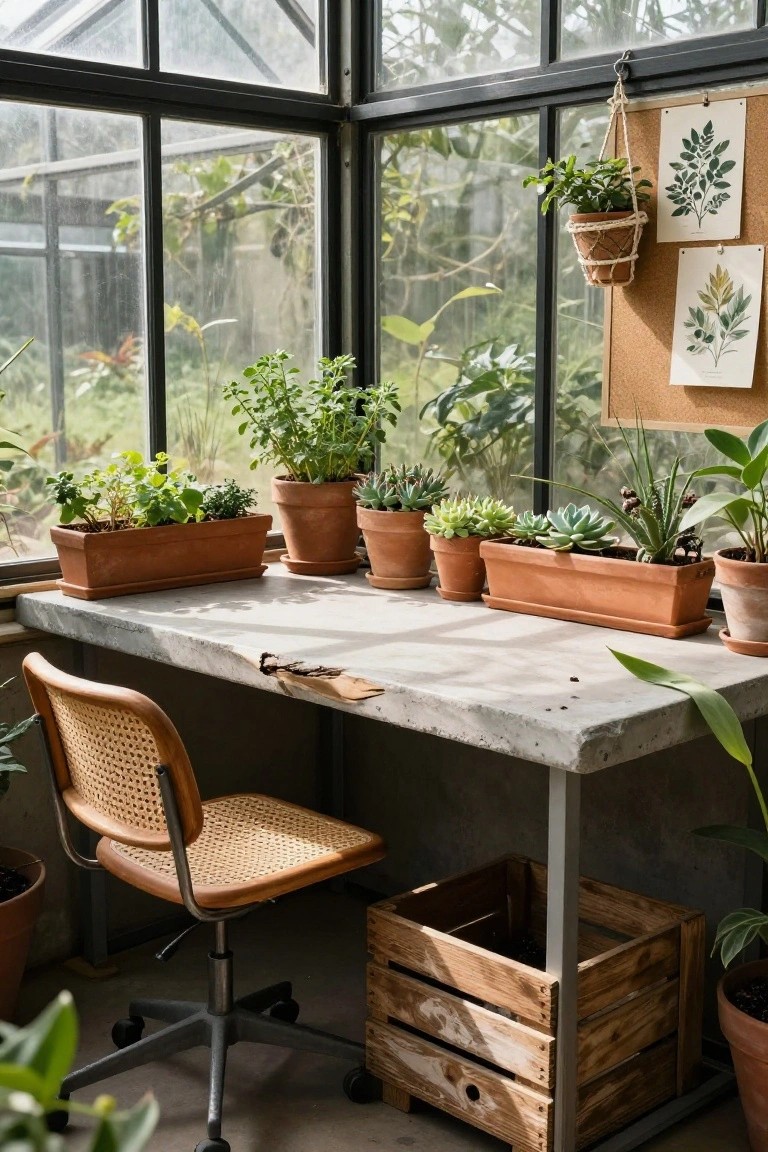 Glass greenhouse room set up as a home office with a gray concrete desk holding terracotta planters of herbs and succulents, a wooden rattan chair, wooden crate storage, and large windows showing outdoor greenery.