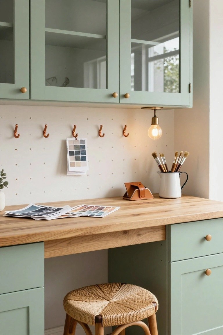 Home office featuring a wooden oak desk top with sage green painted cabinets and drawers below, glass-front upper cabinets above, brass hooks on a dotted white wall holding paint swatches and brushes in a white pitcher, a leather desk organizer, potted plant, and rattan stool.