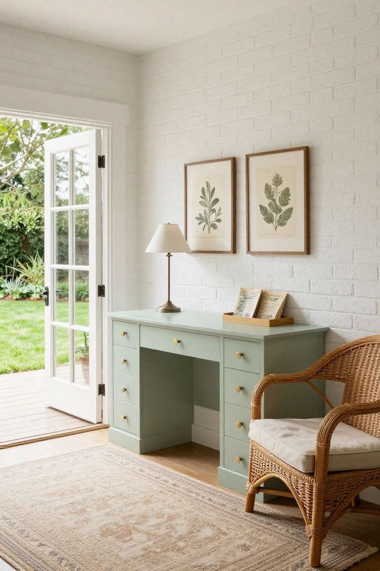 Sage green wooden desk with brass drawer pulls and wooden tray in a white brick-walled office room, with botanical art on walls, a table lamp, open French doors to garden, and wicker armchair on a neutral rug.
