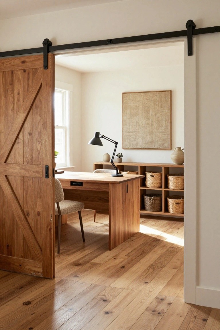 Wooden sliding barn door with black metal track opened to a home office containing a wooden desk with upholstered chair, desk lamp, shelving unit with woven baskets, and wall art on light wood floors.