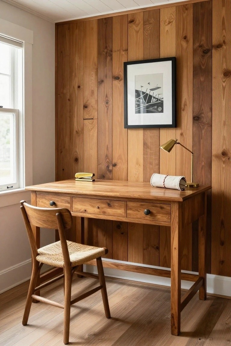 Home office with vertical light wood plank walls, wooden desk with two drawers, woven rush seat chair, gold desk lamp, yellow stapler, and black framed photo on wall next to a white framed window.