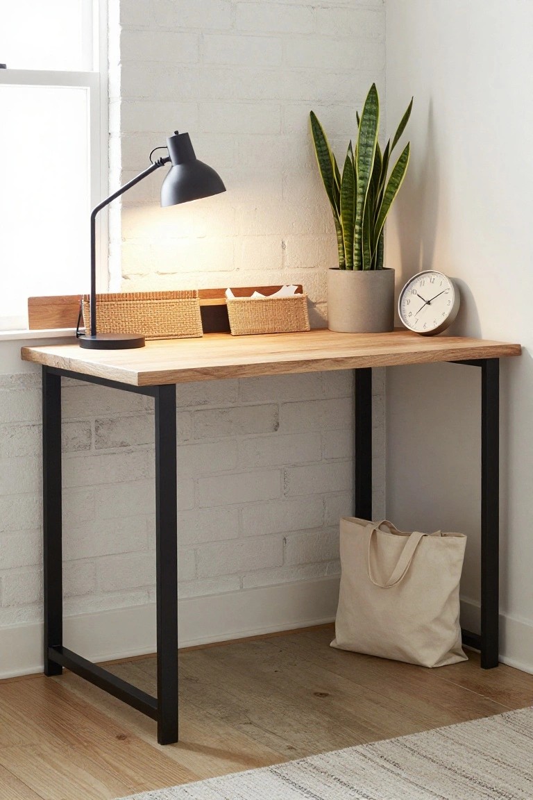 Corner desk with light wood top and black metal legs against white brick wall, featuring desk lamp, snake plant in gray pot, clock, woven baskets, and canvas tote bag on wood floor.