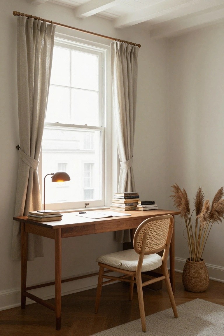 Wooden desk with stacked books, open notebook, and brass lamp positioned in room corner by large window with tied-back beige linen curtains, rattan chair nearby, tall pampas grass in basket, white walls, and wood floor.