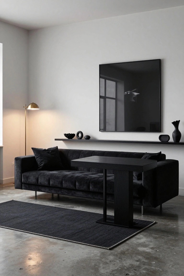 Modern interior room with L-shaped black tufted velvet sofa, black side table on dark rug, floating black shelf with black ceramics and vase, brass floor lamp, white walls, large black-framed window, and polished concrete floor.